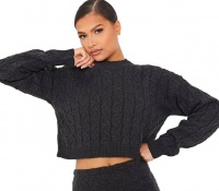 I Saw it First - Ladies Charcoal Cable Knit Crew Neck Cropped Jumper Photo