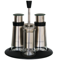 5 Piece Salad Dressing Set -Broad Glass & Polished Steel Shakers & Dispensers Photo