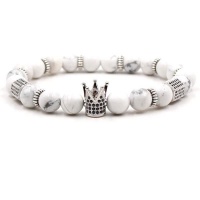 Argent Craft Natural White Howlite Stone Bracelet with Crown & Die - Silver Photo