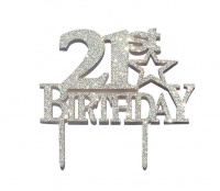 Happy Birthday - 21st Birthday - Cake Topper Decoration - Silver Glitter Photo
