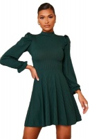 I Saw it First - Ladies Emerald Green Ribbed High Neck Balloon Sleeve Swing Dress Photo