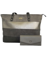 Fino Faux Leather Tote Shoulder Bag And Purse Set Grey Photo