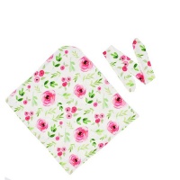 Lizel Harris Baby Pink and Green Floral Swaddle Blanket with Headband Photo