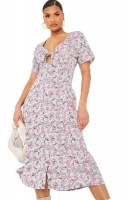 I Saw it First - Ladies Pink Woven Floral Key Hole Tie Midi Dress Photo