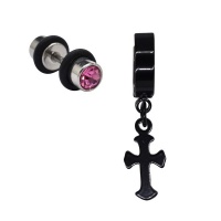 Androgyny Stainless Steel Set: Dumbbell With Crystal&Hoop With Hanging Cross Photo