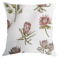 White pillow/scatter cushion with pink Protea green leaves Photo