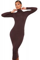 I Saw it First - Ladies Chocolate Ribbed Roll Neck Long Sleeve Midi Dress Photo
