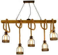 JNC -Retro Hemp Rope Wood Style Pendant Lamp 6 Lights Photo
