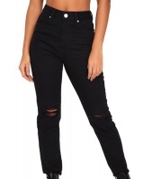 I Saw it First - Ladies Black Ripped Knee Mom Jean With Frayed Hem Photo