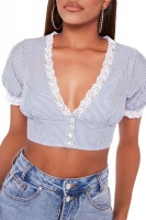I Saw it First - Ladies Blue Pinstripe Lace Trim Button Front Crop Top Photo