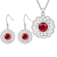 Silver Designer Flower with Red Crystal Set Necklace and Earrings Photo
