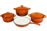 7 Piece Authentic Cast Iron Dutch Oven Cookware Pot Set - Orange Photo