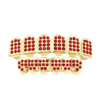 icebaebae Hip Hop Rapper Clip-on Ruby Red Iced Teeth Grillz in Shiny Gold Finish Photo