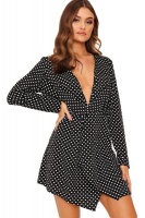 I Saw it First - Ladies Black Polka Dot Plunge Neck Knot Front Dress Photo