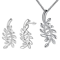 Silver Designer Double Leaf Set Necklace and Earrings Photo