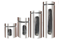 Decadent 4 Piece Glass Canister Set with Steel Finish and Long Bar Windows Photo
