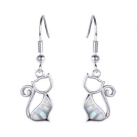 Silver Plated Dangling Cat Earrings with White Faux Fire Opal Photo