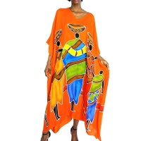 Into Africa - African Family Long Kaftan Hand Painted Maxi Dress Orange Photo