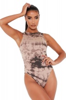 I Saw it First - Ladies Taupe Double Layer Jersey Tie Die Racer Neck Bodysuit Photo