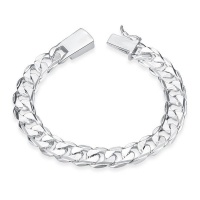 Silver Designer Flat Curb 10mm Men's Bracelet with Safety Clip Clasp Photo