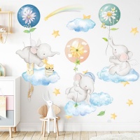 AOOYOU Cartoon Elephants with Balloons and Clouds Art Sticker for Wall Decoration Photo