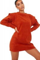 I Saw it First - Ladies Rust Fleece Shoulder Detail Sweater Dress Photo