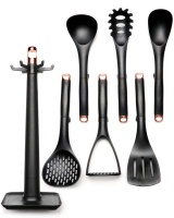 Loop Kitchen Utensil Set of 6 Nylon Cooking Tools With Stand - Black/Rose Gold Photo