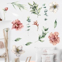 AOOYOU Pink and White Flowers with Leave Branches Art Sticker for Wall Decoration Photo