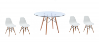 5 Piece Glass Table and White Wooden Leg Chairs Photo