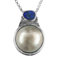 Handcrafted Sterling Silver Opal and Iridescent Mabé Pearl Pendant on Chain Photo