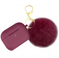 Silicone Protective Cover with Pompon Keychain for AirPods Pro-Wine Red Photo