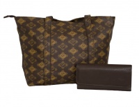 Fino Designer Print Faux Leather Shoulder Bag & Purse Set - Cream & Brown Photo