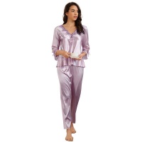 Edendiva's High Quality Long Sleeve Silk Pajama Set Two Piece Set - Red Photo
