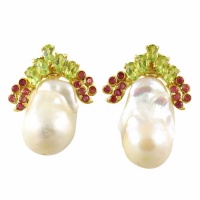 Large Organic Baroque Pearl Green Peridot and Pink Ruby Stud Earrings Photo