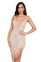 I Saw it First - Ladies Gold Sequin Strappy Split Front Plunge Midi Dress Photo