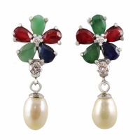 doubleW Jewels Natural Rubies Emeralds and Freshwater Pearl Drop Earrings - Cert. R12'000 Photo