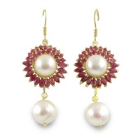 Large Natural Baroque Pearl and Ruby Earrings. Drop 'n Dangle Style Photo