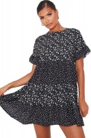 I Saw it First - Ladies Black Woven Floral Polka Dot Tiered Smock Dress Photo