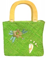 Fino Straw/Beach bag flower/shells front detail with Top Wooden handle Photo