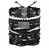 SilverCity Black & White Leather Vintage Owl Symbol Bracelet-For Men Photo