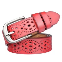 Women Floral Carved Pin Styles Metal Buckle Leather Waist Belt-Red Photo