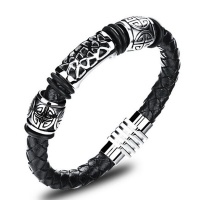 Black Leather Braided Rope Bracelet with Stainless Steel Accents Photo