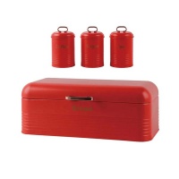 Totally Home Retro Bread Bin Steel Design with 3 Piece Matching Canister Set - Red Photo