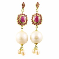 Glamorous Real Pink Ruby Gemstones Baroque Pearl Earrings - 6 cm drop! Photo