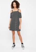 Off The Shoulder Dress With Strap Detail - Black And White Stripe Photo
