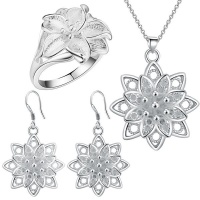 Silver Designer Flower Set Necklace Earrings and Ring Photo