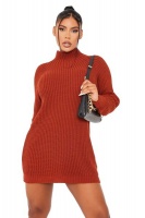 I Saw it First - Ladies Rust High Neck Ribbed Balloon Sleeve Dress Photo