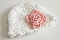 Handmade Crochet Rose Baby Beanie White with Ballet Pink Flower Photo