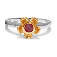 Forget Me Not Flower Ring - Red Garnet - Yellow Gold Photo
