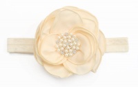 Large Satin Flower with Pearls on Elastic Headband - Ivory Photo